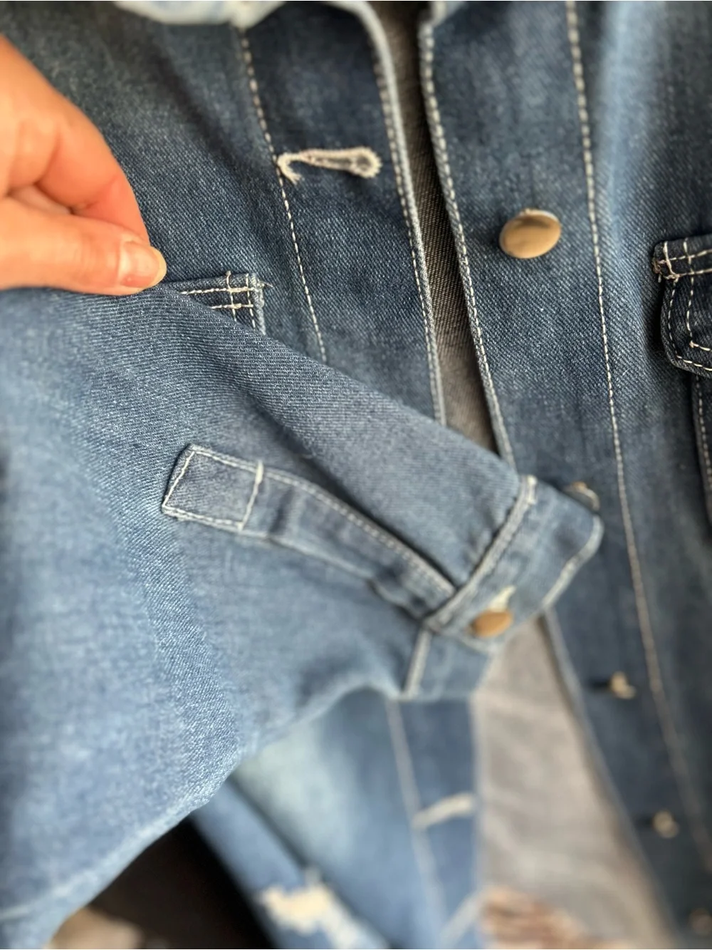 Classic Medium Blue Denim Shirt Jacket distressed with Lady Bug pin - Picture 5 of 6
